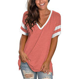 Women's Casual T-Shirt V-Neck Short Sleeve Splicing Tops Split Hem Summer Basic