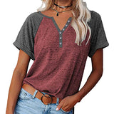 Women Color Matching V-Neck Short Sleeve Top T-Shirt Loose Blouse Pullover Tunic