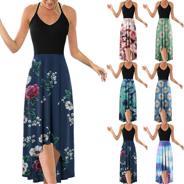 Women's Bohemian Strappy Midi Dress Summer Beach Sleeveless Swing Dress Sundress