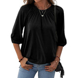 Women Solid Color Crew Neck Ruched 3/4 Sleeve Tops T-Shirt Blouse Pullover Tee