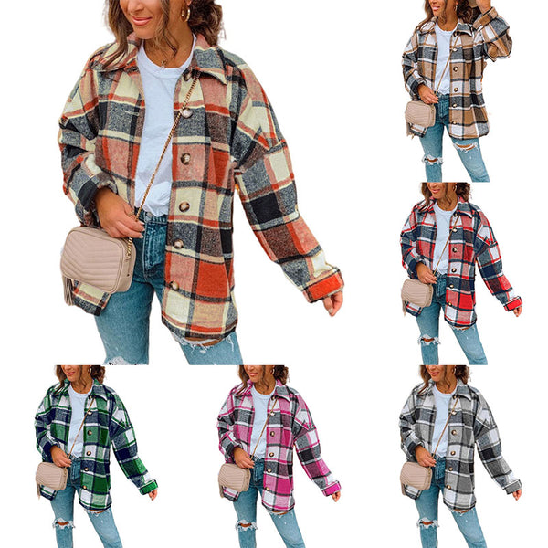Womens Casual Plaid Wool Blend Jacket Button Down Long Sleeve Shirt Shackets