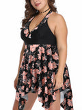 Women Plus Size Floral Swimdress Swimming Costumes Two Piece Swimwear Swimsuit for Ladies, Halterneck Bathing Suit Beachwear Push Up Padded Bra Backless Tummy Control