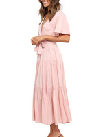Women's Solid Color Dress Long Short Sleeve Lace Up V Neck Comfortable Dresses