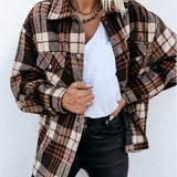 Women's Check Fleece Casual Jacket Shacket Top Shirt Coat Tunic Loose Baggy Coat