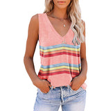 Women Stripe V-Neck Vest Tank Top Sleeveless T-Shirt Loose Pullover Blouse Tee