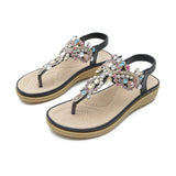 Women's Flat Sandals T-Strap Boho Style Rhinestone Flower Bead Summer Sandals