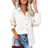 Women's Solid Color Lapel Long Corduroy Sleeve T-Shirt Pullover Blouse Tops Tee