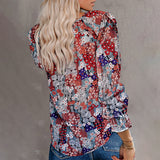 Women's Floral Print V Neck Loose Fit Long Lantern Sleeve T Shirts Pullover Tops