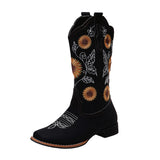 Ladies Sunflower Print Mid Calf Boots Slip On Daily Wear Chunky Heel Tall Boot