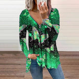 Womens Butterfly Print V Neck Zip T-shirt Long Sleeve Pullover Casual Loose Tops
