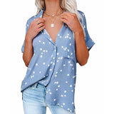 Womens Short Sleeve Button Down Shirt Blouse Loose Fit Pocket Casual V-Neck Tops