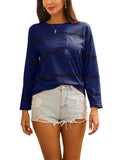 Women's Stripe Print Scoop Neck Loose Fit Long Sleeve T Shirt Pocket Casual Tops