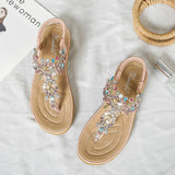 Women's Flat Sandals T-Strap Boho Style Rhinestone Flower Bead Summer Sandals