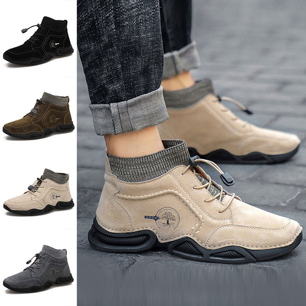 Men's Solid Color Winter Ankle Boots Elasatic Band Round Toe High Top Warm Shoes