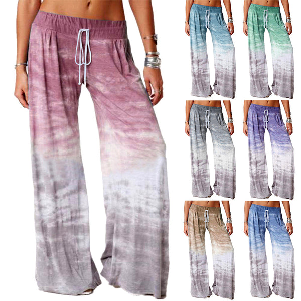 Women Casual Loose Gradient Printed Wide Leg Trouser Yoga Sport Pants Drawstring