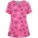 Women Floral Printed Short Sleeve Scrub Tops Loose Casual Pockets Workwear T Shirt