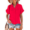 Women Solid Color Lapel Top Short Sleeve T-Shirt Blouse Casual Pullover Button