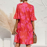 Ladies V-neck Flared Short Sleeves Cake Splicing Color Printed Casual Midi Dress