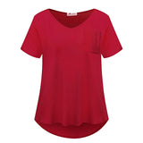 Women Casual Oversized V Neck Short Sleeves Tops T-Shirt Blouses Pullover Pocket