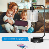 Touch Control Industrial Table Lamps Bedside Nightstand Lamps with Glass Shade, 3-Way Dimmable Reading Lamps for Bedroom Living Room with 2 USB Ports