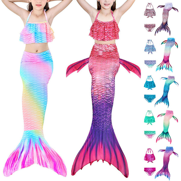 Kids Girls 3Pcs Mermaid Tail Swimming Bikini Set Swimwear Swimmable Costumes Kit