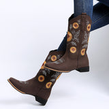Ladies Sunflower Print Mid Calf Boots Slip On Daily Wear Chunky Heel Tall Boot
