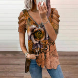 Women Hollow Floral Printed Tops Casual Short Sleeve Shirt Blouse Pullover Tunic