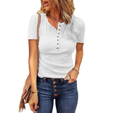 Women Solid Knitted Short Sleeve T-Shirt Loose Blouse Pullover Tunic Top Buttons