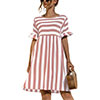 Women Fashion Skirt Striped Printed Short Sleeve Round Neck Casual Dress Ruffles