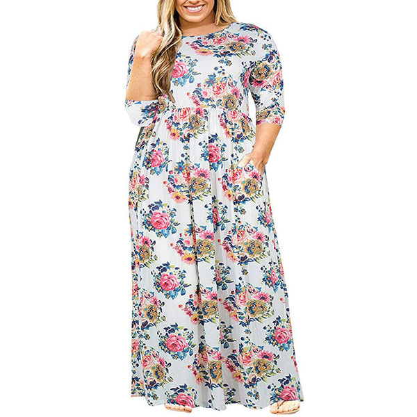 Womens Floral Printed Crew Neck Maxi Dresses Short Sleeves Plus Size Swing Dress