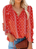 Women's Floral Print V Neck Loose Fit Long Lantern Sleeve T Shirts Pullover Tops
