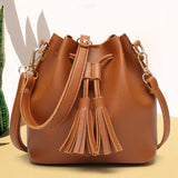 Womens Mini Bucket Bag Leather Drawstring Purse Tassel Crossbody Shoulder Bag