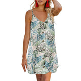 Women Sleeveless V Neck Dress Leopard Printed Splicing Casual Swing Dress Button