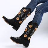 Ladies Sunflower Print Mid Calf Boots Slip On Daily Wear Chunky Heel Tall Boot