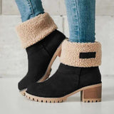 Winter Snow Boots for Women Warm Suede Chunky Block Heel Round Toe Faux Fur Outdoor Mid-Calf Ankle Bootie