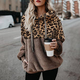 Women Loose Leopard Print Hoodie Long Sleeve Hooded Sweater Pullover Tops Zipper