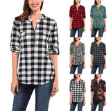 Women Plaid Printed Casual Shirt Blouse Tops Stand Collar Pullover Tunic Zipper