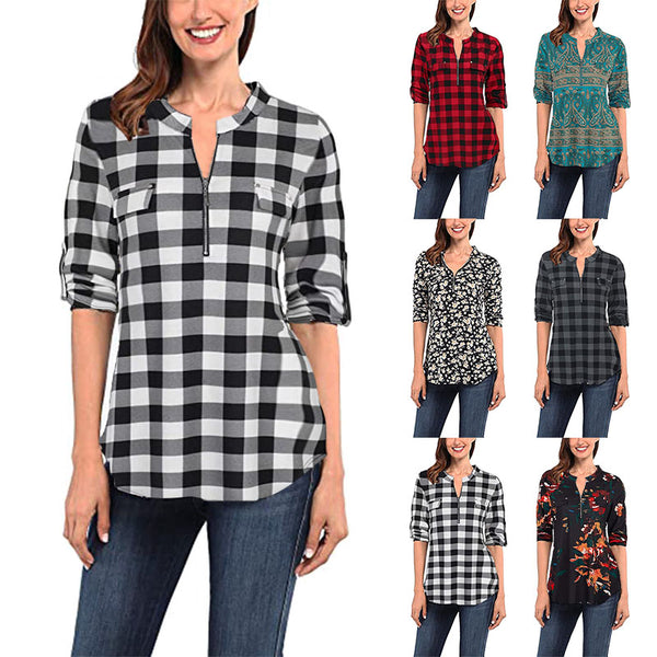 Women Plaid Printed Casual Shirt Blouse Tops Stand Collar Pullover Tunic Zipper