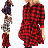 Women's Plaid Check V-Neck Long Sleeve A-Line Mini Dress Lace Up Casual Dresses