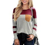Women Long Sleeve Crew Neck Striped Print T-Shirt with Pocket