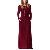 Women Tunic Waist Full Length Dress Solid Color Scoop Neck Slim Fit Long Sleeve