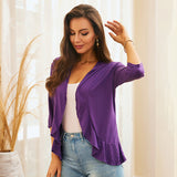 Women's Solid Color Ruffle Edge Midi Sleeve Cardigan Fashionable Commuting Tops