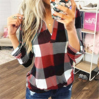 Plus Size Women Casual Long Sleeve Plaid Check T Shirt Ladies V Neck Tops Blouse
