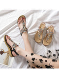 Women's Flat Sandals T-Strap Boho Style Rhinestone Flower Bead Summer Sandals