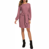 Women Solid Color Puff Sleeve Mini Dress Casual Loose Lace Up Pencil Tunic Dress