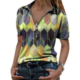 Womens Casual Zip Square Printed Short Sleeve Blouse Pullover Tunic T-Shirt Tops