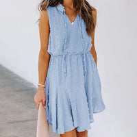 Women's Summer Chiffon Skirt Sleeveless Knee Length V Neck Dress Elastic Waist