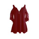 Women Solid Color Hollow Lace Sleeve Strappy Casual Tops T-Shirt Blouse Pullover