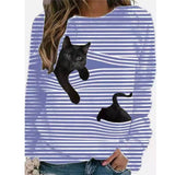 Women 3D Animal Patterns Stripes Design Long Sleeve T-shirt Crew Neck Loose Tops