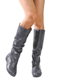 Womens Knee High Boots Winter Warm Fashion Leather Chunky Heel Slip On Flat Booties